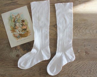 Antique White Cotton Hand Knit Socks Stockings