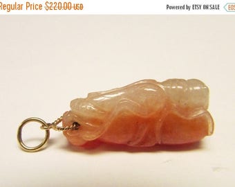 For Sale Vintage Estate 14KT Carved Cricket White Red Orange Jade Pendant