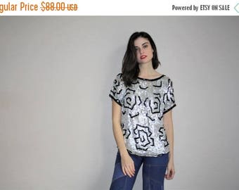 FLASH SALE - Vintage 1980s Silver Sequins New Wave Graphic Glam Top - 80s Sequined Tops - W00793