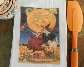 halloween tea towel witch flour sack towel vintage halloween kitchen decor - Halloween Kitchen Decor halloween tea towel witch flour sack towel vintage halloween kitchen decor - Halloween Kitchen Decor