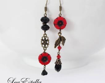 Red Asymmetrical earrings Red Floral earrings Garden Earrings Red Mismatched earrings Red and black earrings Woodland earrings - Poppies