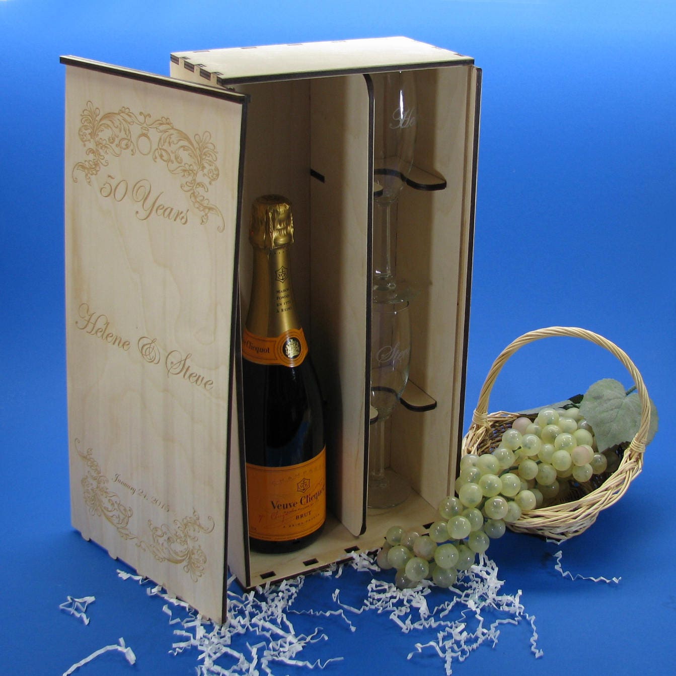 Wood Champagne Gift Box for a 750ml or 1.5L Bottle with 2 Custom Etched