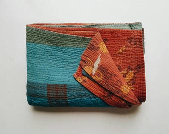 Kantha Quilt - Turquoise Plaid Bedspread - Summer Bohemian Bedding Home Decor