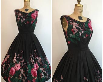 1950s Rose Border Print Dress 50s Taffeta Party Dress