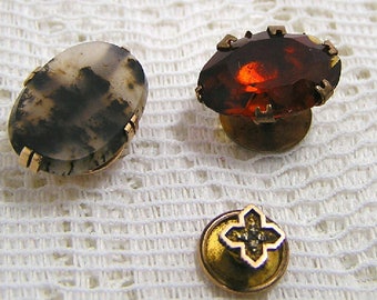 3 Shirt Studs Agate Czech Art Glass and Copper 10k 14k Gold Antique Collectibles