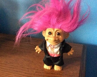 FallSavings Small vintage russ troll doll, magenta hair, ,original clothing, wedding clothing, Wedding Troll doll
