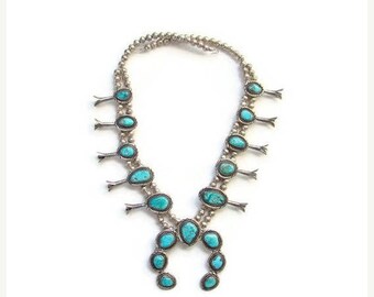 ON SALE Native American Navajo Morenci Turquoise Squash Blossom Necklace Sterling Silver Graduated Blossoms and Stones 24 Inch