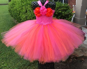 Shocking pink and orange couture flower girl dress, Tutu Dress, Flower Girl Tutu Dress, Pageant Attire, Orange and Hot pink wedding