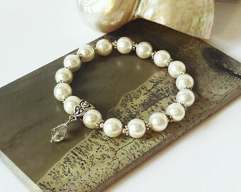 Bracelet Mariage élastique stretch Perles de coquillage blanc crème / métal argenté / White cream stretch shell beads silver plated bracelet