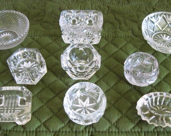 9 Antique Vintage Crystal Glass Salt Cellars Salt Dips Lot Circa 1920's-40's