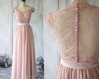 2017 Blush Chiffon Lace Bridesmaid Dress, Cap Sleeve Wedding Dress, Party Dress, Long Formal Dress Floor Length (F120A)-Renzrags