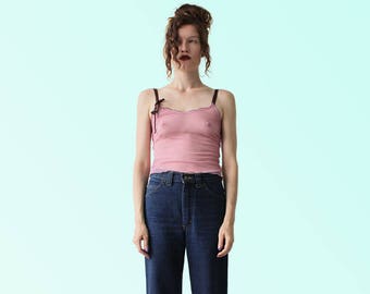 90s Pink Sheer Camisole Mesh w Brown Trimming Cute Femme Lingerie Tank Summer Darling