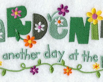 Gardening - Just Another Day at the Plant Embroidered on Plain Weave Cotton Tea Towel // Iron-on Patch // Kona Cotton Fabric Square