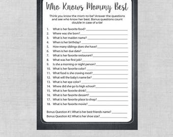 Printable Chalkboard Baby Shower Game Who Knows Mommy Best, Mommy Quiz, Who Knows Mommy the Best Baby Shower Party Game, Gender Neutral