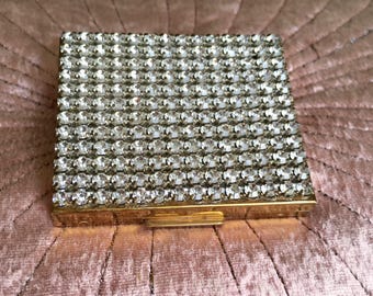 Vintage Rhinestone Powder Compact Jeweled Gold Compact 1950s Glamour