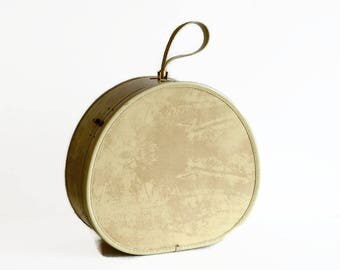 vintage Samsonite train case round suitcase hat box luggage with key marble beige 1950s