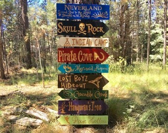 Peter Pan Fantasy Story Signs - Captain Hook Lost Boys Pirate Theme Kids Room Nursery Tinkerbell Neverland Mermaid Carved Cedar Wood Yard