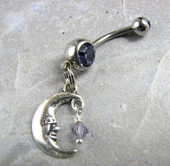 Items similar to Crystal Moon Belly Button Ring, Man in the Moon Belly