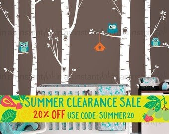 Birch Tree Wall Decal | Best Seller - 5 Birch Trees and Owls | Woodland Baby Nursery, Children's Room Interior Design | Easy Application 006