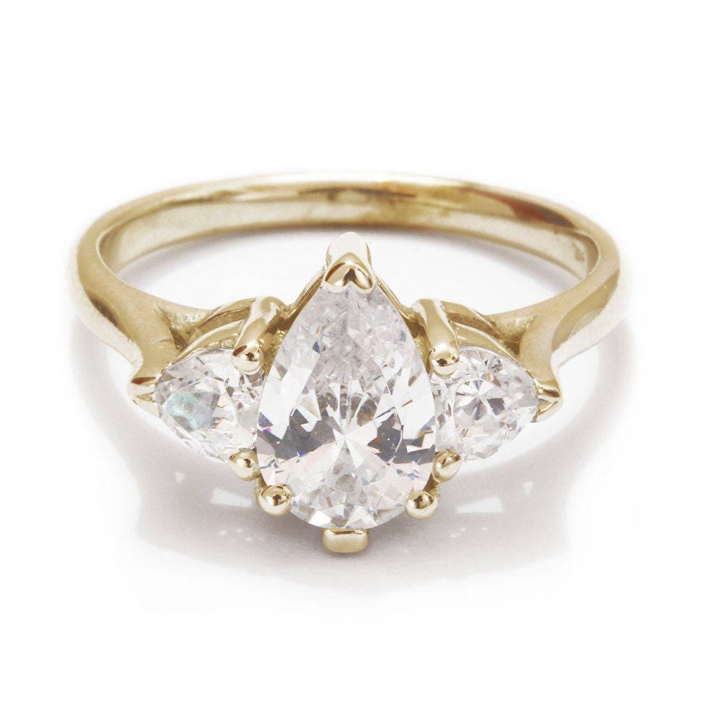 Unique Three Stone Diamond Engagement Ring Pear Shaped Diamond