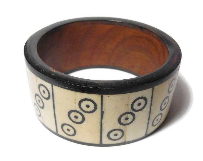 FREE SHIPPING Bone and wood bangle bracelet, Tribal, bone sections form dots and circles, dark wood frames, hand crafted, chunky cuff boho