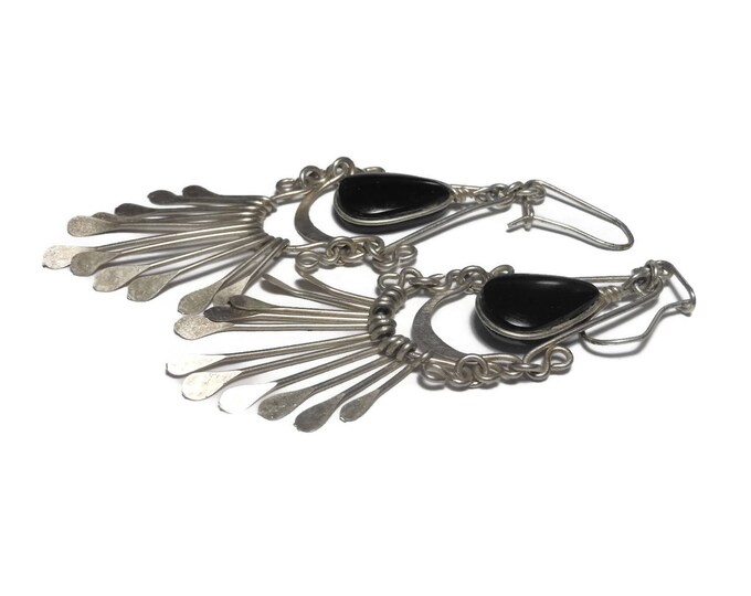Black onyx silver earrings, plated or 800 silver, kidney backs, pierced drops, teardrop cabochon, spoon paddle dangles, Southwestern Mexican