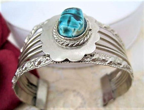 Turquoise Scarab Bracelet - Egyptian Revival - Silver Tone Cuff