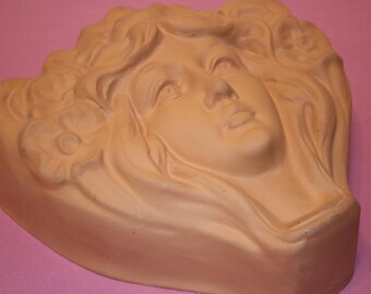 1980 Deco Pottery Wall Pocket Woman's Face Head Art Nouveau Style Woman Ceramic Clay Pottery Wall Pocket