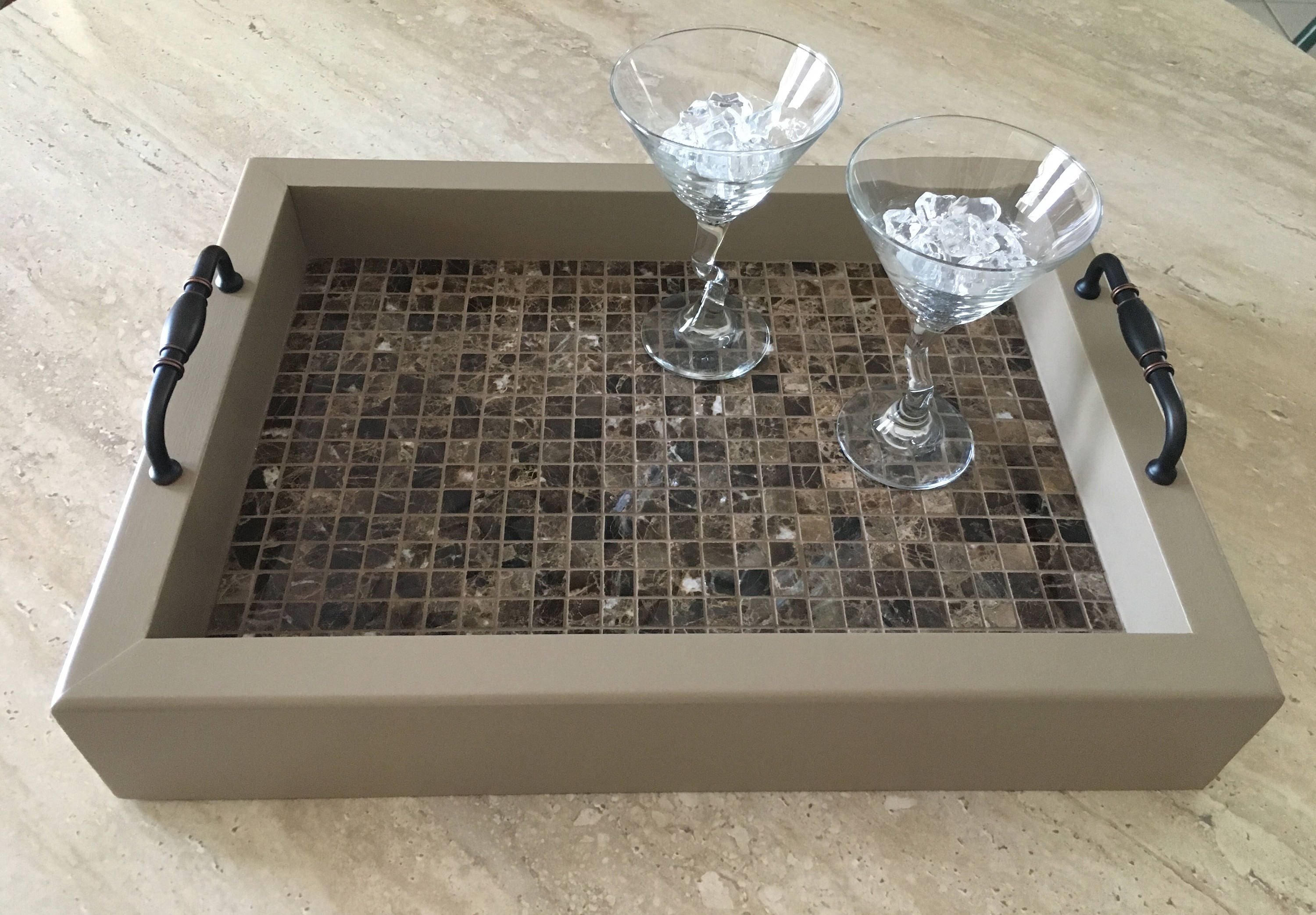 Custom Ottoman Serving Tray Polished Dark Emperador Marble