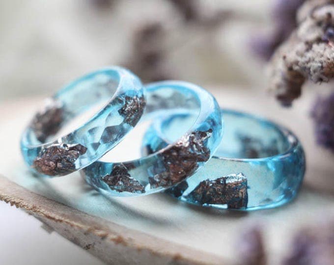Resin ring with copper flakes, denim faceted resin ring, stacking ring, anniversary ring, sky blue resin ring, big size resin ring, under 25
