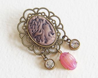 Broche Vintage Retro Camée - Portrait de Femme - Métal Bronze vieilli et Strass - Bijou créateur, pièce unique