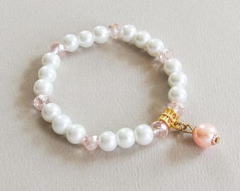 Bracelet Vintage - Jour Blanc - Perles nacrées, perles en verre facetté, métal doré - Bijou créateur en pièce unique