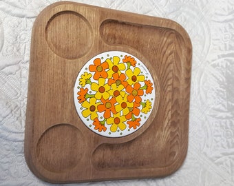 Kitschy Kitchen Wood Serving Tray for Wine & Cheese, Orange Yellow Flowers 1970