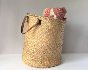 Market Basket, Vintage Woven Basket, Leather Handles, Round Bottom Basket, Boho Storage Basket, Large Basket