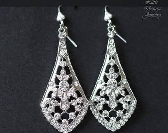 SALE Crystal Bridal Chandelier Earrings, Art Deco Style Silver Filigree Bridal Earrings, Vintage Style Rhinestone Wedding Earrings, SASHA