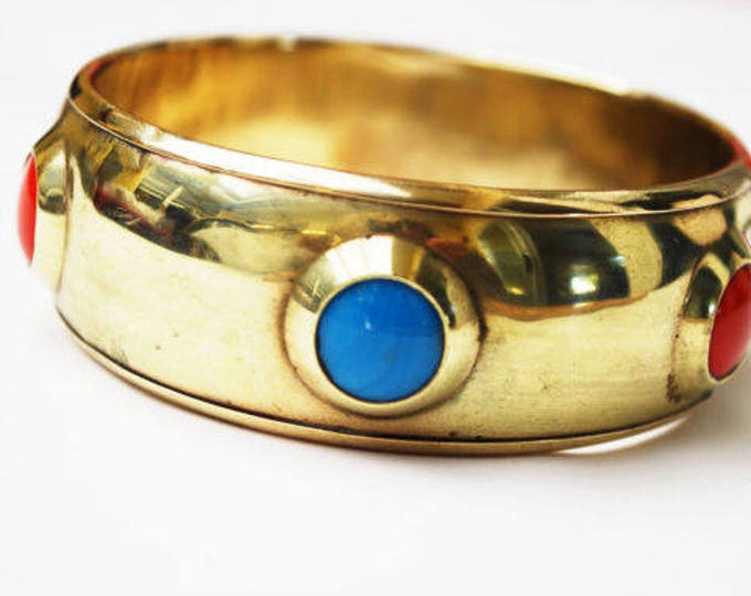 Brass Bangle with red Blue Glass Cabochon - polka dot - Boho Bracelet