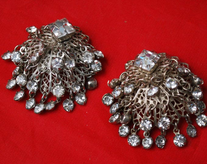 Chandelier Earring - Domed Silver filigree - Dangle Rhinestone - Clip On - Wedding Bride