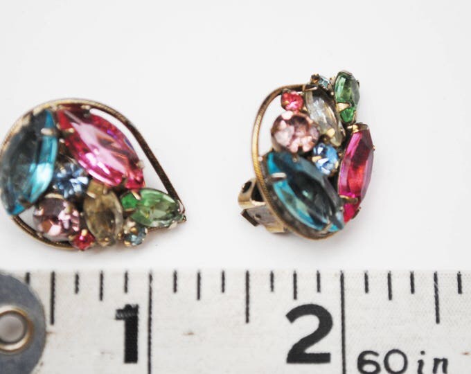 Weiss Rhinestone Earrings -Tear drop - Colorful Crystal - pink blue green - clip on earrings - gold tone metal