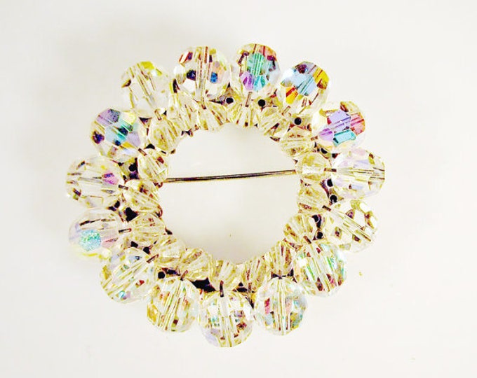 Crystal Bead Wreath Brooch- Aurora Borealis glass - Round - Mid century pin