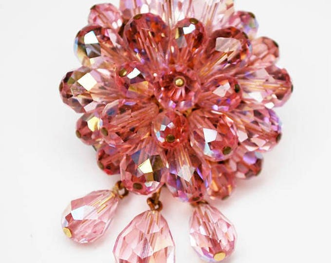 Pink Crystal Dangle Brooch - cluster Bead -Facet cut glass - round drop dangle pin