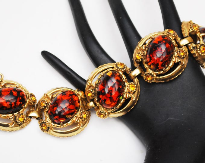 Chunky Amber Lucite Link Bracelet - Large oval Confetti brown orange - Orange rhinestone- gold tone metal