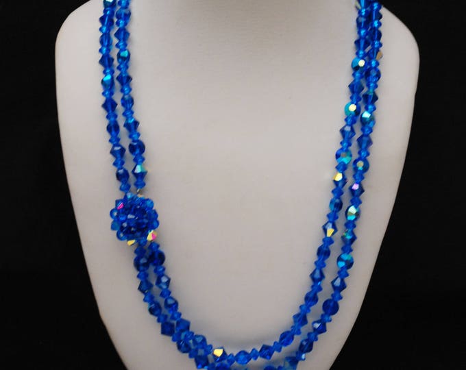 Blue Crystal bead Necklace - double strand - cut crystal glass beads - Cluster bead clasp - 23 inches long