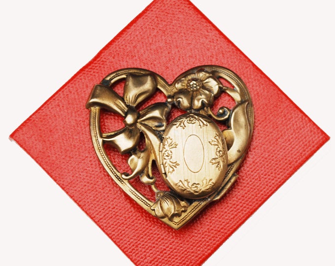 Heart Locket Brooch - Repousse Gold Brass metal - Art Nouveau - Floral Bow - pin