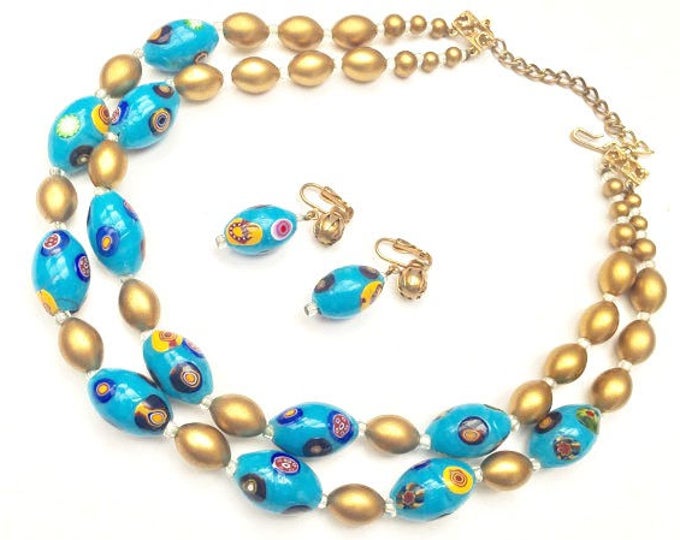 Hobe Bead Necklace and Earring set - Blue yellow gold - glass Beads - double strand - Clip on earrings