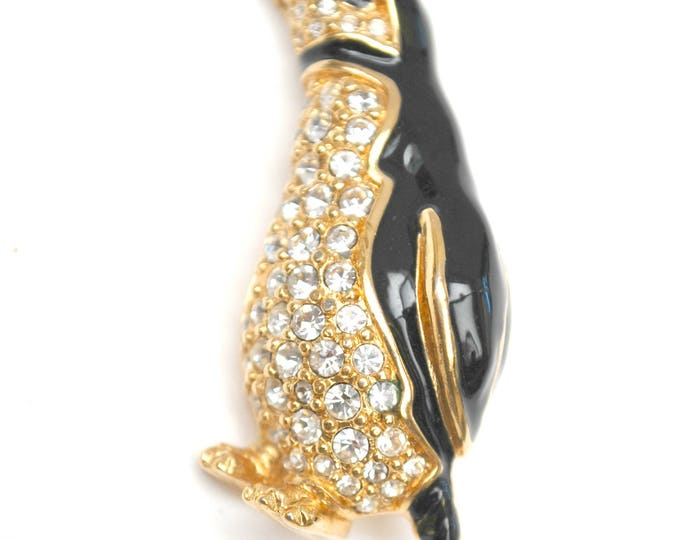 Swarovski Penguin Brooch - Swan signature clear rhinestone - Black enamel - gold metal - Figurine Pin