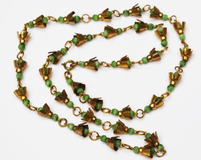 Bead Necklace - Brass Green glass - Art Deco - Boho -Peking Glass beads