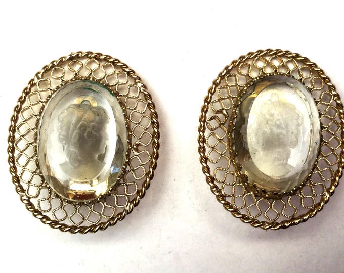 Intaglio Cameo Earrings - Carved clear glass - Signed Whiting and Davis - Gold Filigree - Clip on earrings