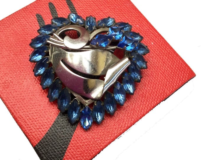 Blue Heart Brooch - Rhinestone - open back - silver - mid century pin -light bluish crystal