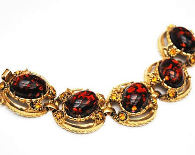 Chunky Amber Lucite Link Bracelet - Large oval Confetti brown orange - Orange rhinestone- gold tone metal