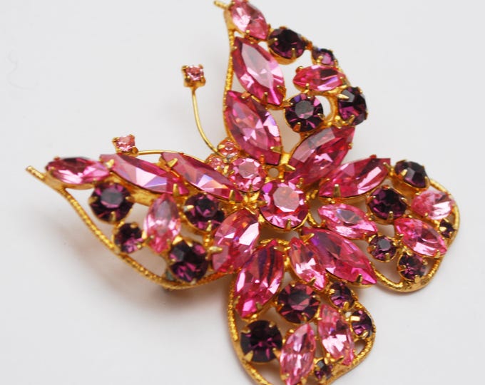 Juliana D&E Butterfly Brooch -Rhinestone - Pink Purple crystal - Gold metal -flying insect Pin